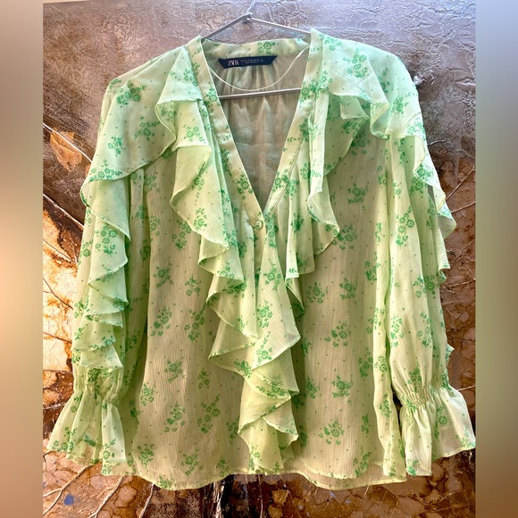 Zara Tops - PRETTY SEA GREEN ZARA BLOUSE WITH RUFFLE DETAILING. BRAND NEW. SIZE XS.